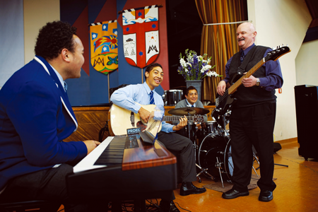 Brother Matt Morris plays bass guitar with the St Patrick's College band.